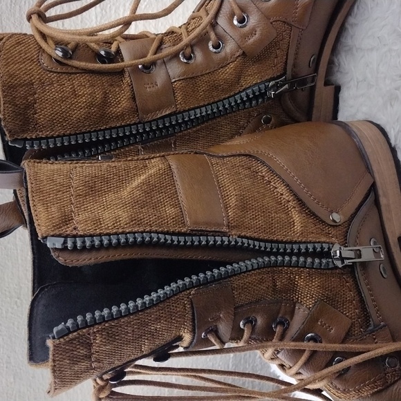 J75 by Jump Deploy Brown Faux Leather Canvas Round Cap Toe Lace Up Combat Boot - Picture 5 of 16